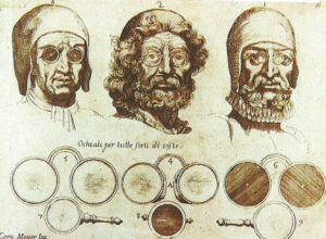 Desenho de três homens diferentes, cada um com um modelo antigo de óculos.